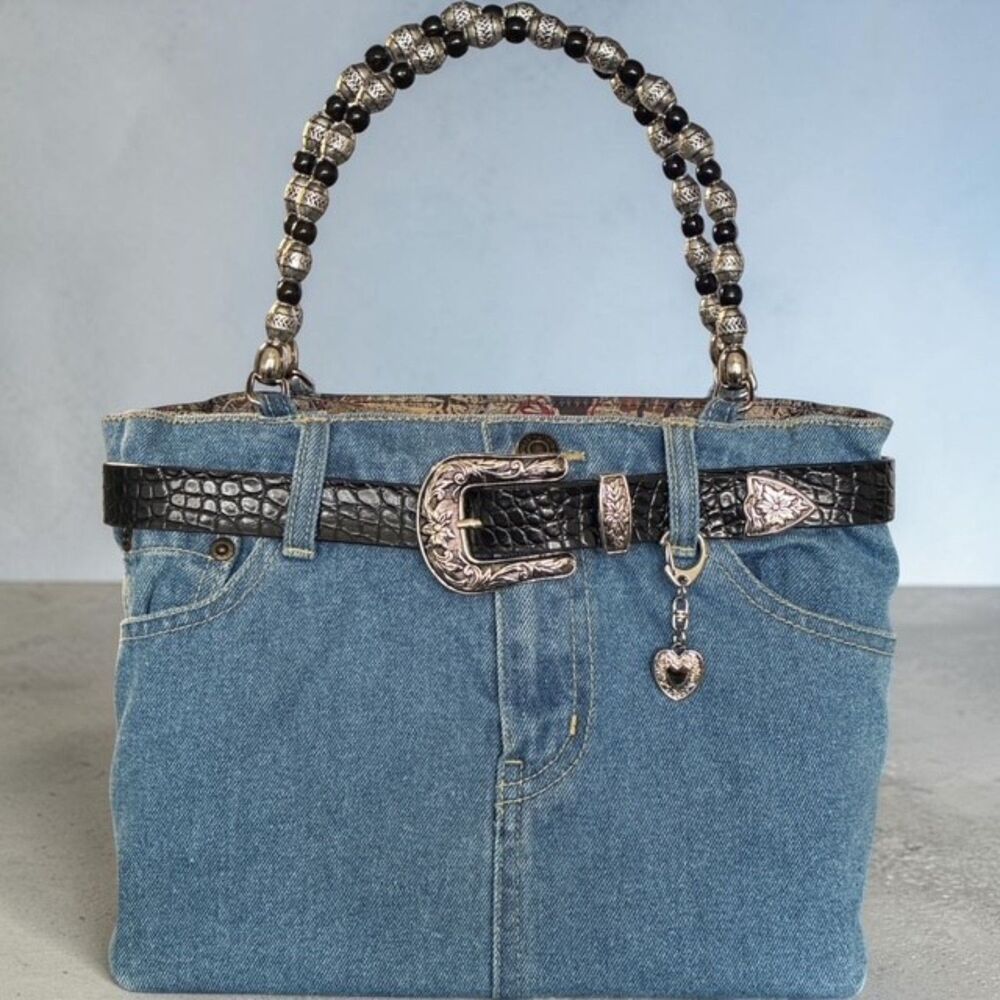 Y2K Western Denim Jean Purse Beaded Handle Buckle Cowgirl Handbag Rare EUC